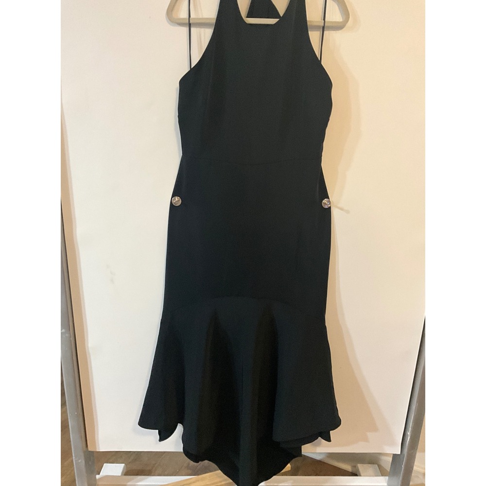 Belle Badgley Mischka Black Halter Mermaid Midi Dress Size 14 High Low Hem